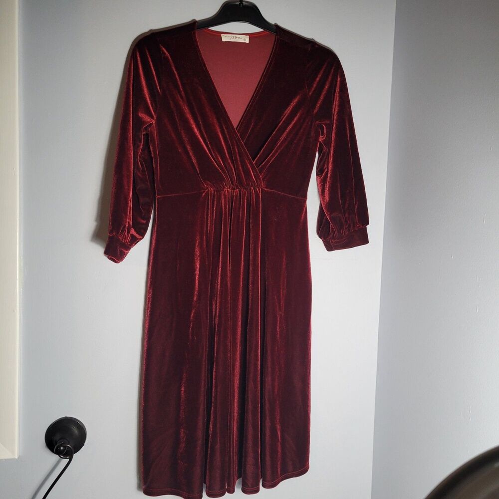Hello Mia Women Maternity Burgundy Velvet Dress V-Neck 3/4 Sleeve Holiday Size S